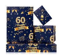 Boerni 60th Birthday Wrapping Paper, Blue and Gold Design - Champagne Fireworks Happy Birthday Star Print Folded Flat Gift Wrap Papers - for Women Men 60 Years Old Party, Holiday, Retirement