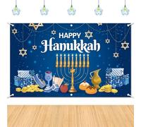 Boerni 71x43inch Happy Hanukkah Party Backdrop,Blue Fabric Chanukah Festival Day Jewish Party Photography Backdrop Table Cloth Wall Background Banner with Ribbon for Judaism New Year Party Supplies