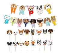 Boerni Dog Birthday Decoration, 13 Pcs Cute Cartoon Dog Banner & 16 Pcs Puppy Cupcake Toppers for Kids' Unisex Pet Theme Birthday Party
