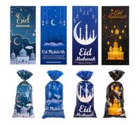 Boerni Eid Mubarak Cellophane Goodie Bags,100Pcs Castle Moon Star Pattern Treat Bags Ramadan Theme Candy Bags with Gold Twist Ties for Muslim Islamic Eid Iftar Diwali arty Favor Supplies, 4 Designs