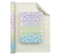 Boerni Gold Foil Heart Wrapping Paper, Silver Heart Print on Pastel Gradient Rainbow Art Paper - Mini Roll Romantic Love-Themed Holographic Gift Wrap for Birthday, Valentines, Mothers day, Wedding