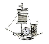 Boerni Retro Sailboat Model Clock with Metal Pen Container Holder,Iron Art Decorative Pencil Cup Pot Desk Table Clock Home Office Decor Ornaments Birthday Gift for Student Father Teacher（J044C）
