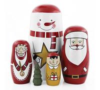 Boerni Set of 5 Christmas Theme Snowman Nesting Dolls,Santa Claus Grandma Xmas Tree Wooden Russian Doll Handmade Matryoshka Doll for Kids Gift Christmas Birthday Party Home Decor