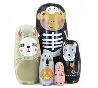 Boerni Set of 5 Halloween Wooden Nesting Doll,Cartoon Animal Black Monkey Handmade Matryoshka Russian Dolls Skeleton Pumpkin Stacking Toy for Kids Birthday Gift Halloween Party Home Décor