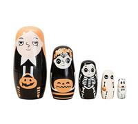 Boerni Set of 5 Halloween Wooden Nesting Doll,Cartoon Skeleton Pumkin Family Black Ghost Handmade Matryoshka Russian Dolls Stacking Toy for Kids Birthday Gift Halloween Party Home Décor