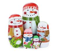 Boerni Set of 5 Multicolor Handmade Wooden Snowman Pattern Christmas Nesting Dolls