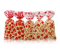 Boerni Valentines Day Goodie Bags, Love Be Mine Heart Print - Valentines Plastic Clear Red Cellophane Gift Treat Bags with Twist Ties for Candies Cookie Chocolate Sweet Snack Party Supplies - 50pcs