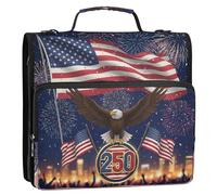 BOESI Flag Firework Illustration Zipper Binder 3 Ring, 2 Inch Rings Expandable File Folder with Crossbody Strap Water Resistant for School Office
