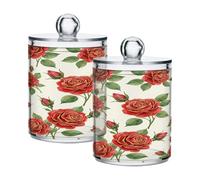 BOESI Graffiti Gold Rose Design Cotton Swab Caddy, Clear Plastic Jar with Lid Set of 2, Transparent Bathroom Organizer for Countertop Storage, for Cotton Swabs, Dental Floss