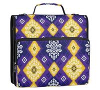 BOESI Purple Ikat Pattern Zipper Binder 3 Ring, 2 Inch Rings Expandable File Folder with Crossbody Strap Water Resistant for School Office