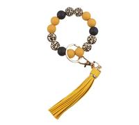 Boethesi Leopard Silicone Beaded Wristlet Keychain, PU Tassel Bracelet Bangle Beads Car Keyring for Women,Wrist Key Chains, Yellow, One Size