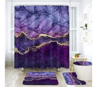 Boewywh 4 Pcs Bathroom Set with Shower Curtain Rugs, Purple Marble Blue Black, Bathing Decor Golden Marbled Violet Rock Stone Gold Mosaic Shower Curtain Bathing Sets for Bathroom Decor with 12 Hooks