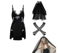 Bofeiya 3Pcs Ghost Bride Costume for Woman Corpse Bride Costume Include Gothic Black Lace Dress Black Veil Black Lace Cufffor for Halloween Zombie Bride Costume Cosplay Party Supplies