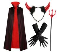 Bofeiya 4 Pcs Devil Costume Accessory- Vampire Cape, Devil Horn Headband, Paw Gloves for Day of the Dead Halloween Fancy Dress Makeup