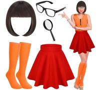 Bofeiya 5 Pcs Halloween Comedy Movie Cosplay Costume Accessory Wig Magnifying Glass Knee High Socks Red Skirt Glasses for Halloween Adult Women Cosplay Party Dress Up Outfit (Medium)