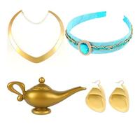 Bofeiya 5 Pcs Princess Costume Accessories with Headband, Geometric Necklace and Vintage Genie Lamp for Women Halloween Fancy Dress Outfit