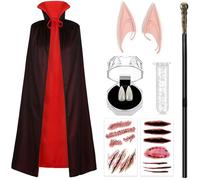 Bofeiya 7 Pcs Halloween Vampire Costume Black Red Cape Cloak Cane Elf Ears Stick Vampire Teeth Fangs with Solid Adhesive for Halloween Devil Vampire Costume Cosplay (120CM)