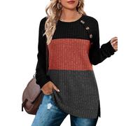 Bofell Long Sleeve Shirts for Women Lightweight Button Decor Tunic Tops Side Split, The Black Caramel, Large