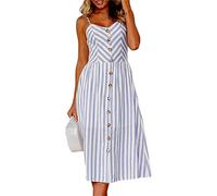 BOFETA Blue Bold Stripe Polka Dot Midi Dress for Women Summer Sleeveless A-line Swing Floral Print Casual Button Down Dress with Pockets XL