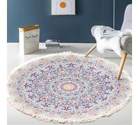 BOFIBO Round Carpet Hand Woven Cotton Linen Area Rug Retro Bohemian Round Bedside Geometric Floor Mat Bedroom Home Decor Boho Mandala Tassel(E,Diameter 100cm)