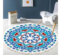 BOFIBO Round Carpet Hand Woven Cotton Linen Area Rug Retro Bohemian Round Bedside Geometric Floor Mat Bedroom Home Decor Boho Mandala Tassel(Q,Diameter 60cm)