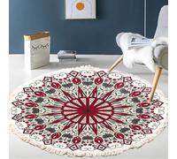 BOFIBO Round Carpet Hand Woven Cotton Linen Area Rug Retro Bohemian Round Bedside Geometric Floor Mat Bedroom Home Decor Boho Mandala Tassel(F,Diameter 80cm)