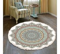BOFIBO Round Carpet Hand Woven Cotton Linen Area Rug Retro Bohemian Round Bedside Geometric Floor Mat Bedroom Home Decor Boho Mandala Tassel(M,Diameter 80cm)