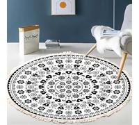 BOFIBO Round Carpet Hand Woven Cotton Linen Area Rug Retro Bohemian Round Bedside Geometric Floor Mat Bedroom Home Decor Boho Mandala Tassel(F,Diameter 90cm)