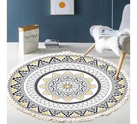 BOFIBO Round Carpet Hand Woven Cotton Linen Area Rug Retro Bohemian Round Bedside Geometric Floor Mat Bedroom Home Decor Boho Mandala Tassel(U,Diameter 90cm)