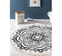 BOFIBO Round Carpet Hand Woven Cotton Linen Area Rug Retro Bohemian Round Bedside Geometric Floor Mat Bedroom Home Decor Boho Mandala Tassel(H,Diameter 80cm)