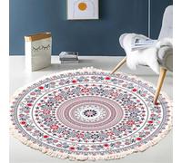 BOFIBO Round Carpet Hand Woven Cotton Linen Area Rug Retro Bohemian Round Bedside Geometric Floor Mat Bedroom Home Decor Boho Mandala Tassel(G,Diameter 80cm)