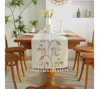 BOFIBO Table Runners Boho Table Runner Rustic Farmhouse Embroidered Table Cover Tassels for Dresser Coffee Table Home Kitchen Wedding Holiday Wedding Decoration(Khaki flower,33x120cm 1pc)