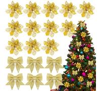 BOFUNX 12Pcs Poinsettia Artificial Flowers + 6Pcs Bows - Glitter Hollow Christmas Flowers Large for Tree Party Decoration (Gold)
