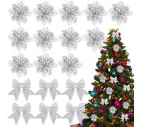 BOFUNX 12pcs Poinsettia Artificial Flowers + 6pcs Christmas Bows Artificial Glitter Hollow Flowers Large for Christmas Tree Party Decoration (Silver)