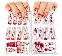 BOFUNX 48Pcs Halloween False Nails Red Blood Tear Drop Press On Fake Nails Long Stiletto Artificial Nail Tips for Women Girls Halloween Nail Art Supplies