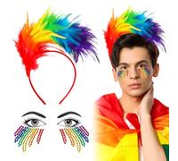 BOFUNX LGBT Gay Pride Hair Accessories, Rainbow Feather Headband + Rainbow Face Crystal Stickers Feather Headband Rainbow Cosplay Carnival Party Costume Fancy Dress Supplies for Women Girls