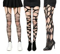 BOFYTR 3-Pair Ripped Tights Set, Gothic Fishnet and Suspender Bodystockings