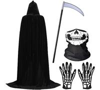 BOFYTR 4 PCS Grim Reaper Costume Grim Reaper Men, Halloween Black Cloak, Costume Men Robe with Hood Garment Carnival Men Adult Cosplay Party Outfit