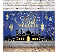 BOFYTR Large Eid Mubarak Banner Decorations, Eid Mubarak Decorations Blue Ramadan Fabric Photo Backdrop Photography Background Banner for Home, Eid Decorations for Muslim Ramadan Party Supplies