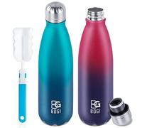 BOGI 2 Pack Insulated Water Bottle,500ml Stainless Steel Water Bottle-Leakproof Metal Water Bottle-Keep Drink Hot & Cold Water Bottle-Sport Water Bottle for Girls Boys with Cleaning Brush(DRed+BDblue)