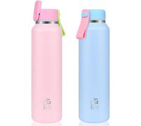 BOGI 475ml Metal Water Bottle with Straw, 2 Lids（Loop&Straw） Stainless Steel Water Bottle for Sport Gym LeakProof Double Wall Vacuum Drinks Bottle Keep 12h Hot & 24h Cold | 2Pack-Blue+Pink