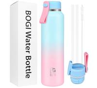 BOGI 475ml Metal Water Bottle with Straw, 2 Lids（Loop&Straw） Stainless Steel Water Bottle for Sport Travel Leakproof Double Wall Vacuum Drinks Bottle Keep 12h Hot & 24h Cold | Sky Blue Pink