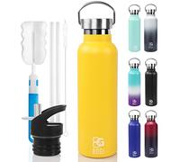 BOGI 600ml Double Wall Vacuum Insulated Stainless Steel Water Bottle-Scratch Resistance&Eco-Friendly for Outdoor Sports Yoga Camping,Straw Flip Cap+Cleaning Brush-1 Year Warranty(Yellow)