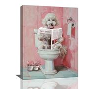 Dog Bathroom Wall Art Cute Poodle On The Toilet Reading Newspaper Bathroom Pictures For Wall Pink Bathroom Decor Bathroom Sign Canvas Print Painting Modern Framed Artwork for Restroom 12"x16"