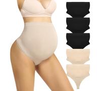 Boguish Maternity Underwear Thong for Women, Pregnancy Shapewear Over The Belly Support Seamless Pregnant Panties 5-Pack, Black/Nude, L
