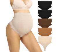 Boguish Maternity Underwear Thong for Women, Pregnancy Shapewear Over The Belly Support Seamless Pregnant Panties 5-Pack, Black/Nude/Coffee/Brown, XL