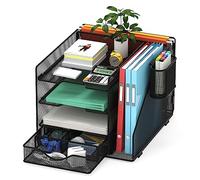 BOHDK Desk Organizer, Mesh Desk File Organizer with 2 Space for Upright Files, 4-Tier Paper Letter Tray Organizer with Drawer and Pen Holder, Paper Organizer for Dorm Room Homeschool Office