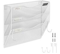 BOHDK Magazine File Holder, 3 Tire A4 Wall Mounted Document Holder, Vertical Mesh Metal Door/Wall Mount Hanging File Organiser, Paper Document Magazine Rack with Hooks for Home Office White