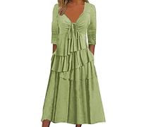 Boheme Dress Women Long Sleeve Dress - Long Dress Irregular V Neck Pleated Ruffle Casual Solid Color Loose Chic And Elegant Versatile Comfortable Flowy Hem Soft Temperament Dress 2025, Green, XL