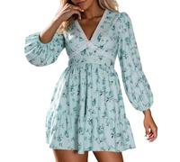 Boheme Women's V-Neck Dress Shirt Dress with Flower Print Long Sleeves Casual Chic and Elegant Sexy Loose Blouse Vintage Style Soft Versatile Autumn Short Dress for Party 2025, Green, M
